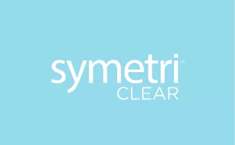 Symetri Clear logo displayed in white text on a light blue background.