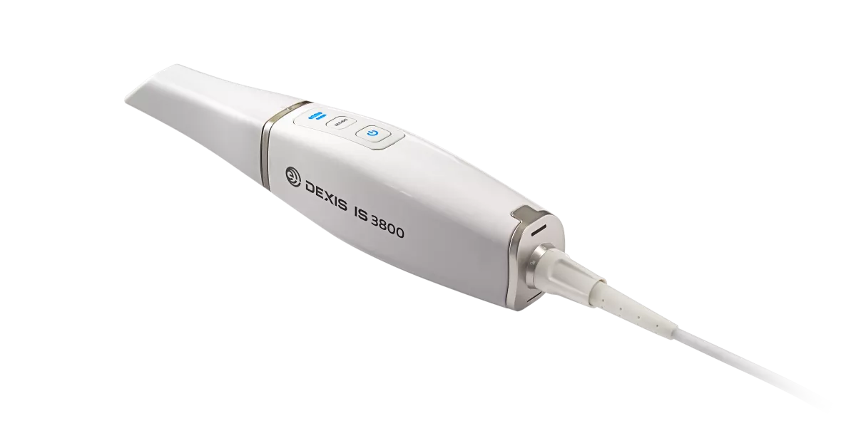 DEXIS IS 3800 wired intraoral scanner with corded connection and control buttons.