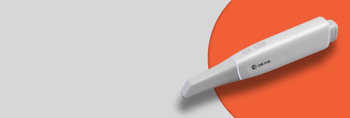 DEXIS intraoral scanner displayed on a light gray background with an orange accent circle.