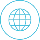 Icon of a globe inside a circular outline, representing worldwide reach and trust.