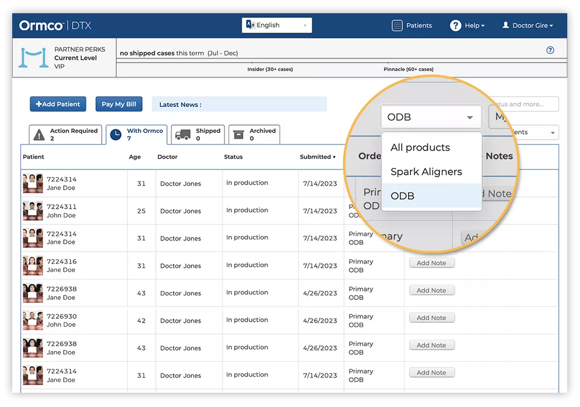 Orthodontic case submission dashboard showing patient list and digital bonding workflow selection within portal